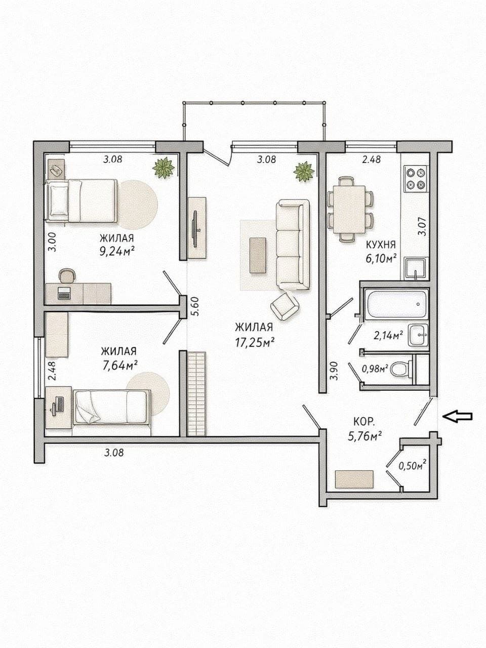 3-комнатная квартира 49,6 м², Минск, Фрунзенский