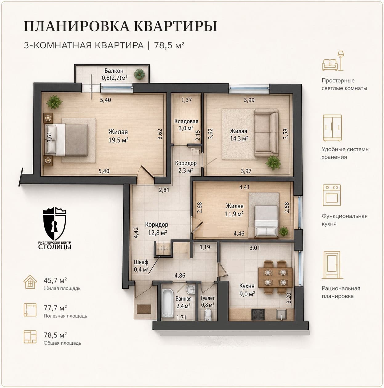 Мир станет ярче сквозь собственные окна! Просторная 3-комнатная квартира в центре — Минск, Центральный