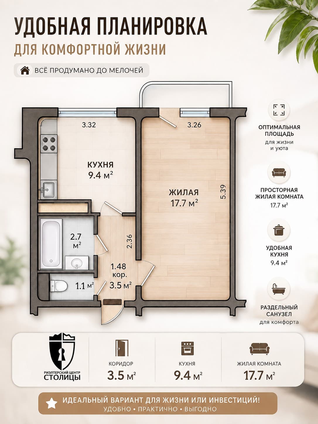 1-комнатная квартира 35,3 м², Минск, Советский