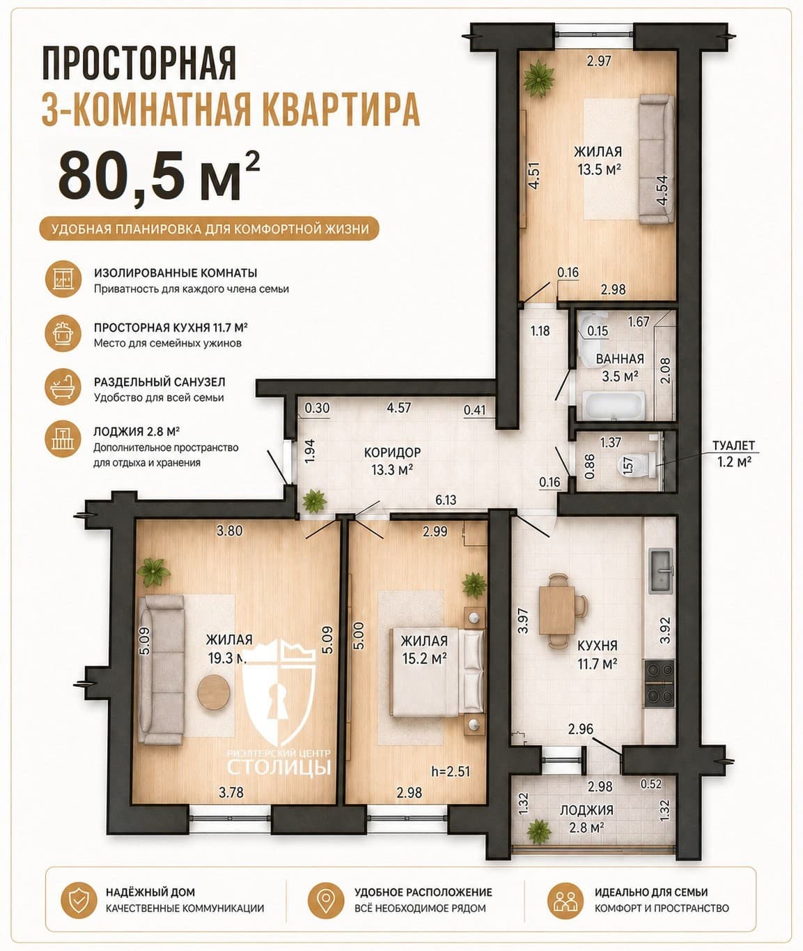 3-комнатная квартира в Колодищах. Успей купить отличный вариант для комфортной жизни — Колодищи, Военный Городок