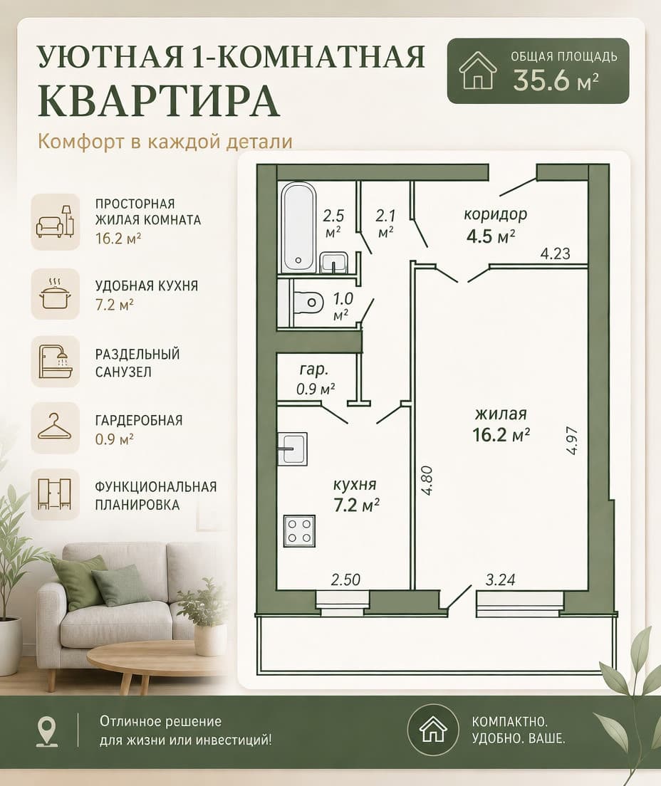 1-комнатная квартира 35,6 м², Минск, Советский