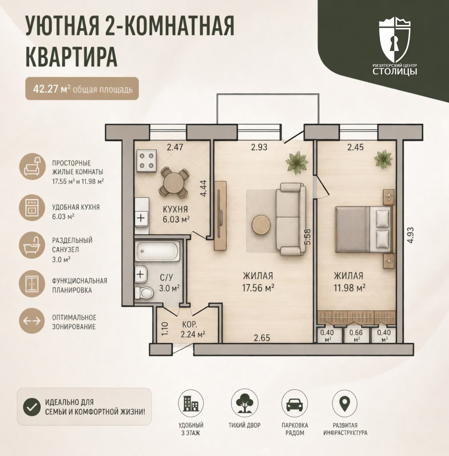 2-комнатная квартира 42,3 м², Минск, Московский