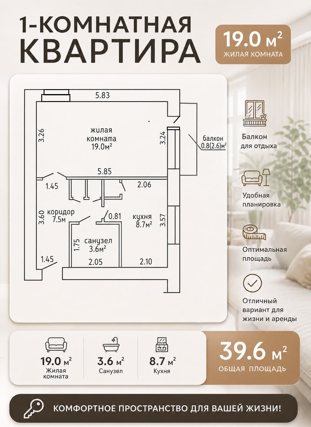 1-комнатная квартира 38,8 м², Раёвка, Ленина
